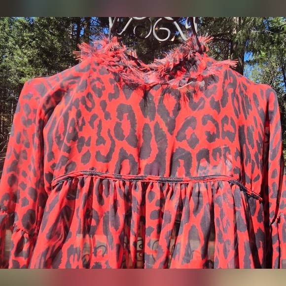 Zara 1975 Jeans Collection Red&Black Leopard Print Sheer Long Sleeve Blouse SzM - Picture 4 of 10